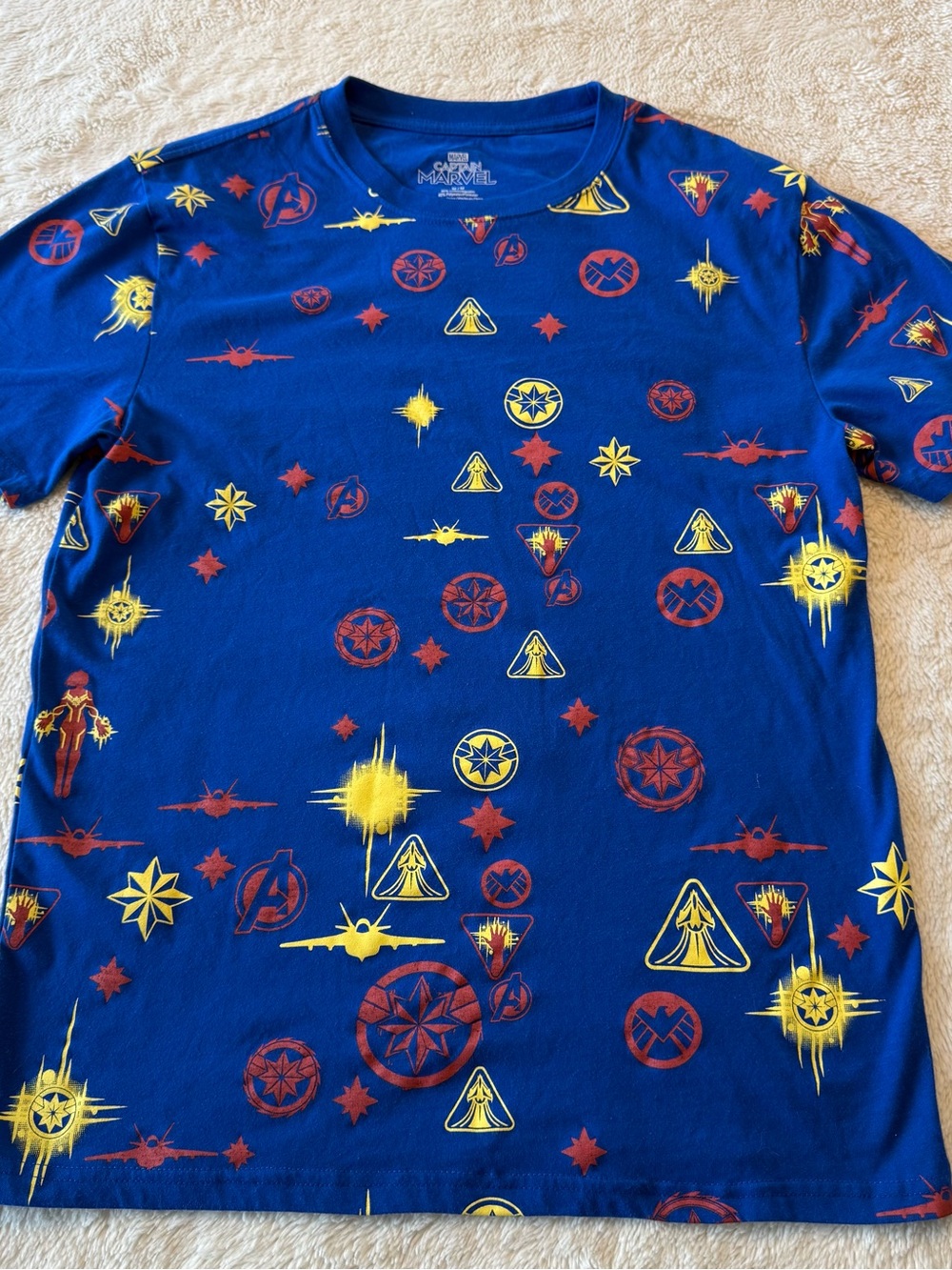 Marvel Blue Short Sleeve Tee with Yellow & Red Superhero Icons